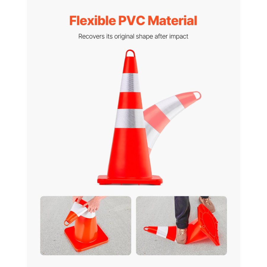 VEVOR Safety Cones, 6 x 28\" Traffic Cones, PVC Orange Construction Cones, 2 Reflective Collars Traffic Cones with Weighted Base and Hand-Held Ring Used for Traffic Control, Driveway Road Parking