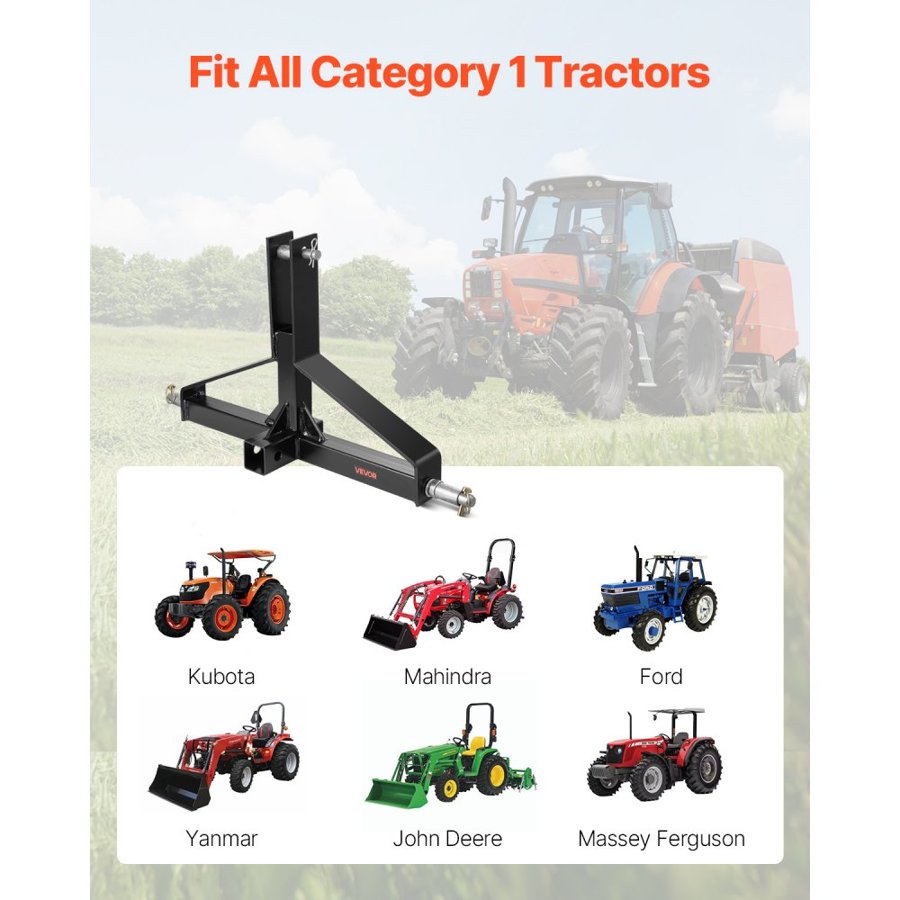 VEVOR 3 punktu piekabes vilkšanas āķis ar 2" ligzdu, ātrās 3 punktu stiprināšanas piederums 1. kategorijai, Mahindra, Ford, Yanmar, John Deere