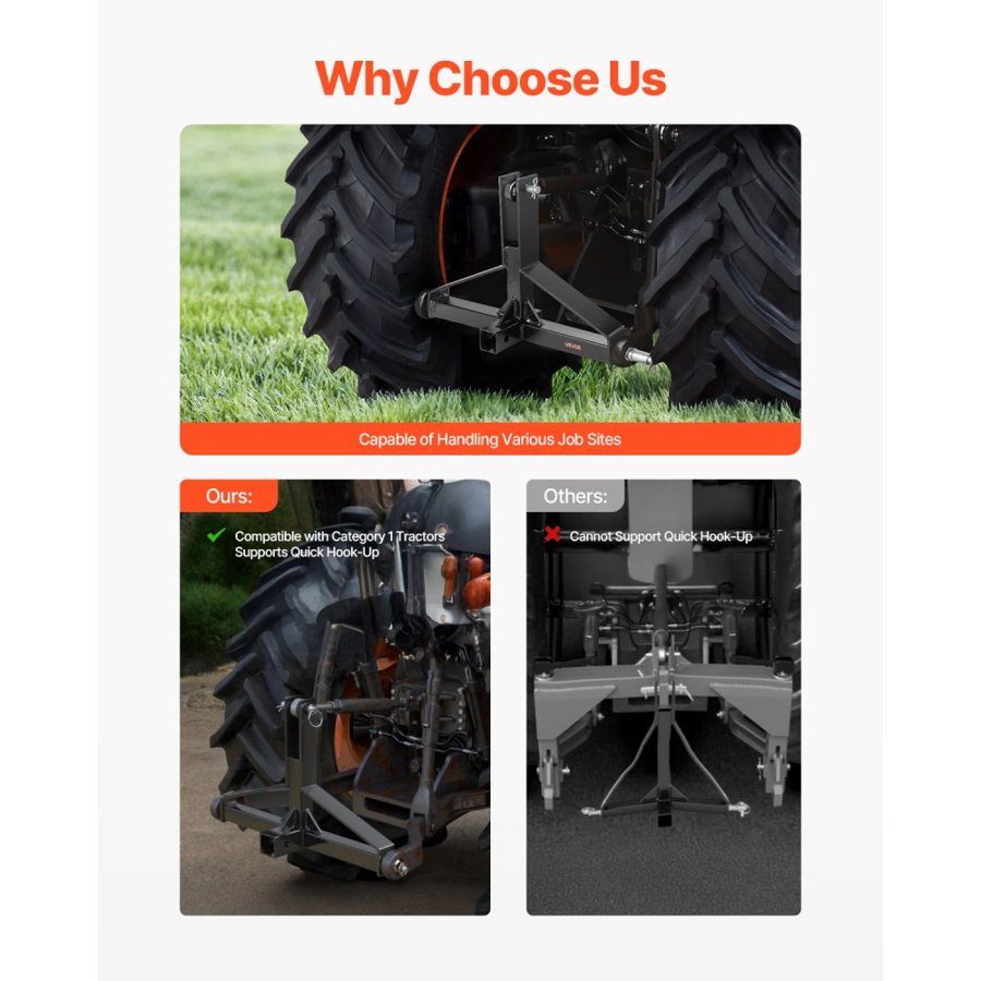 VEVOR 3 punktu piekabes vilkšanas āķis ar 2" ligzdu, ātrās 3 punktu stiprināšanas piederums 1. kategorijai, Mahindra, Ford, Yanmar, John Deere