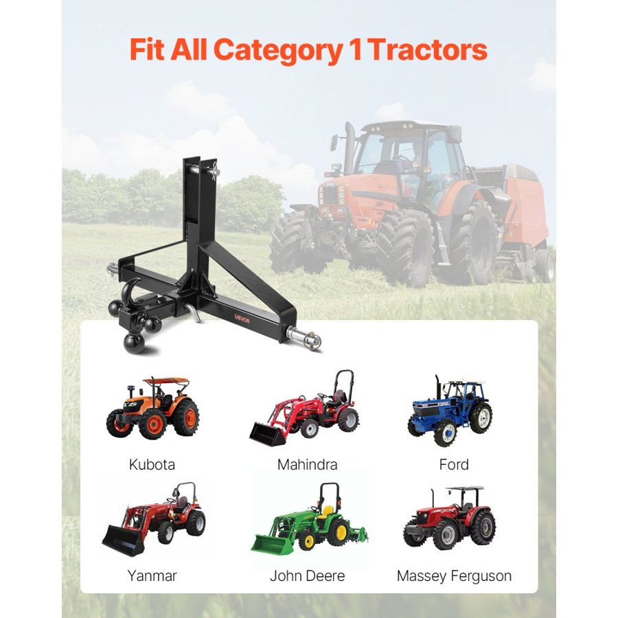 VEVOR 3 Point Trailer Hitch with 2 in Receiver, 3pt Quick Hitch Attachment, Heavy Duty Tractor Tow Drawbar Adapter, Compatible with Kubota, Mahindra, Ford, Yanmar, John Deere, Massey Ferguson