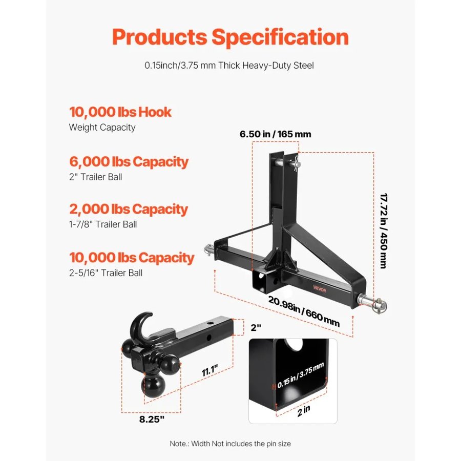 VEVOR 3 Point Trailer Hitch with 2 in Receiver, 3pt Quick Hitch Attachment, Heavy Duty Tractor Tow Drawbar Adapter, Compatible with Kubota, Mahindra, Ford, Yanmar, John Deere, Massey Ferguson