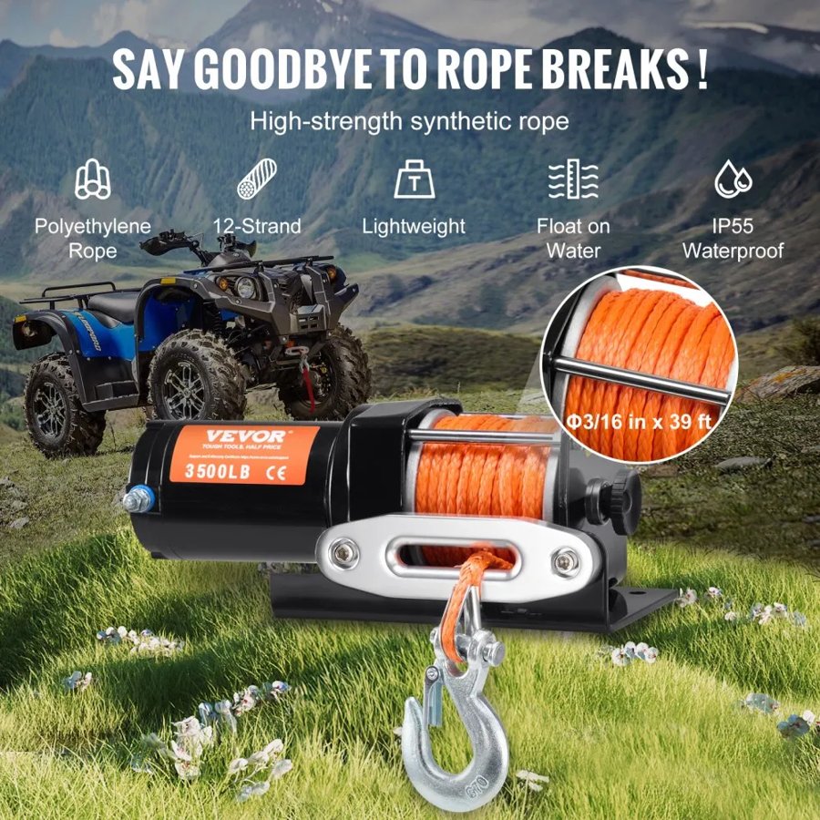 VEVOR 3500 lb Winch Synthetic Rope – 12V,  Φ3/16 Inch