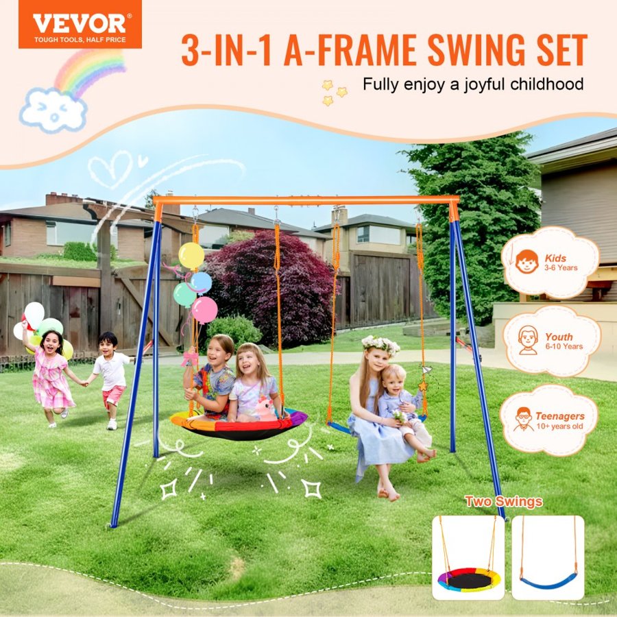 VEVOR Swing Sets for Backyard, 440lbs Load Capacity Swing Set, with 1 Saucer Swing Seat, 1 Belt Swing Seat, Heavy Duty A-Frame Metal Swing Stand and Adjustable Rope, Swingset Outdoor for Kids