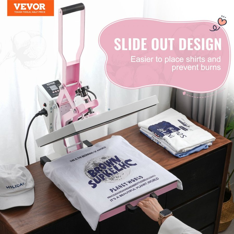 VEVOR Heat Press Machine 380 x 380 mm Digital Slide Out Heat Transfer Pink, for T-Shirts/Pillows/Bags, Fast and Even Heating, Precise Digital Control, 2-Layer Insulation Cotton, Heat Transfer Machine