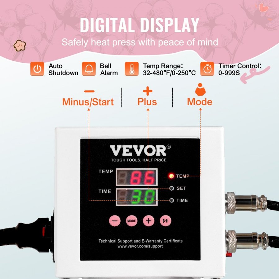 VEVOR Heat Press Machine 380 x 380 mm Digital Slide Out Heat Transfer Pink, for T-Shirts/Pillows/Bags, Fast and Even Heating, Precise Digital Control, 2-Layer Insulation Cotton, Heat Transfer Machine