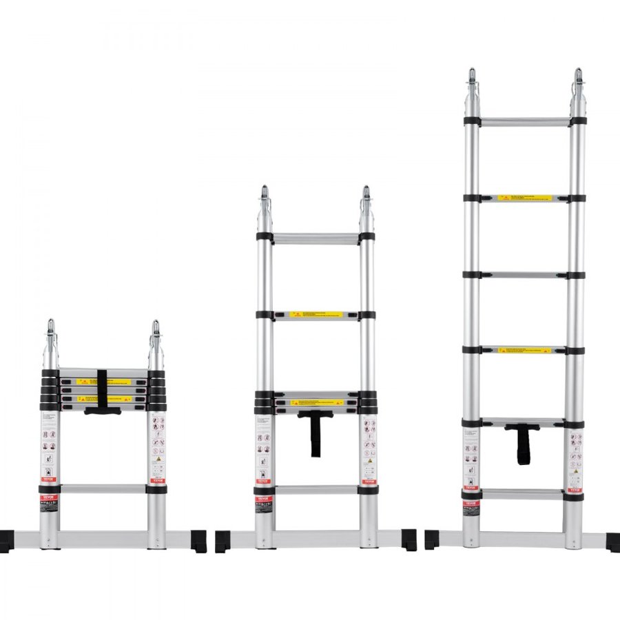 VEVOR Telescoping Ladder, 12.5FT A-Shape Aluminum Extension Ladder Lightweight, Multi-button Retraction Collapsible Ladder, 375 LBS Capacity w/ Stabilizer Bar, Multi-Purpose Ladders for RV, Camper