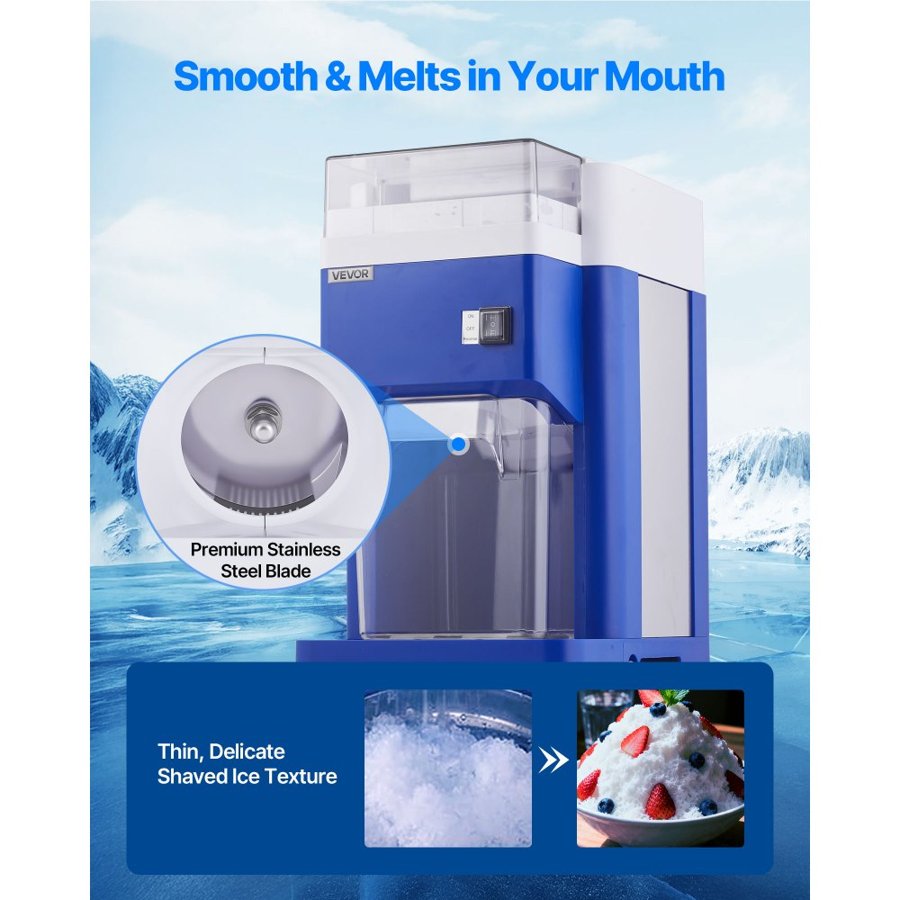 VEVOR Commercial Ice Shaver Machine, 1.91QT /1.8L Large Electric Snow Cone Machine, Fine & Fluffy with 300W Motor, Stainless Steel Blades, Shaved Ice Maker for Dessert Shop Home Party Restaurant, Blue