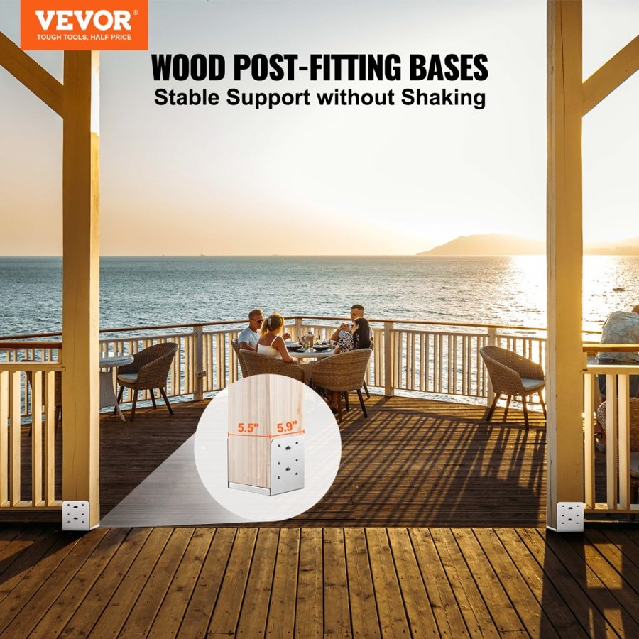 VEVOR 152.4x152.4 Post Base, 1Pcs Stainless Steel Adjustable Post Anchor Bracket(Internal 150 x 139.7), Adjustable Post Base for Pavilion Deck Porch Handrail Railing Support Decorative Anchor Plate