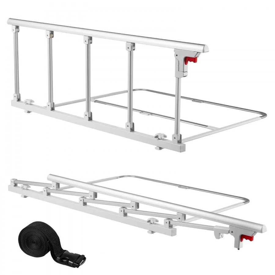 VEVOR Foldable Bed Rail for Elderly, 122 cm Bedside Assist Rail with Fixing Strap, Adjustable Height Pipe Bedside Cane, High-Strength Metal Senior Bed Bar, Hand Guard Grab Fits King, Queen, Full, Twin