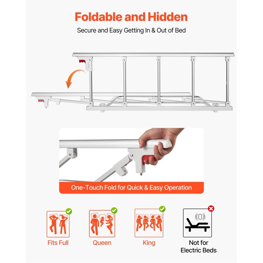 VEVOR Foldable Bed Rail for Elderly, 122 cm Bedside Assist Rail with Fixing Strap, Adjustable Height Pipe Bedside Cane, High-Strength Metal Senior Bed Bar, Hand Guard Grab Fits King, Queen, Full, Twin