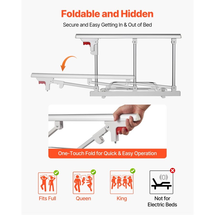 VEVOR Foldable Bed Rail for Elderly, 70 cm Bedside Assist Rail with Fixing Strap, Adjustable Height Pipe Bedside Cane, High-Strength Metal Senior Bed Bar, Hand Guard Grab Fits King, Queen, Full, Twin