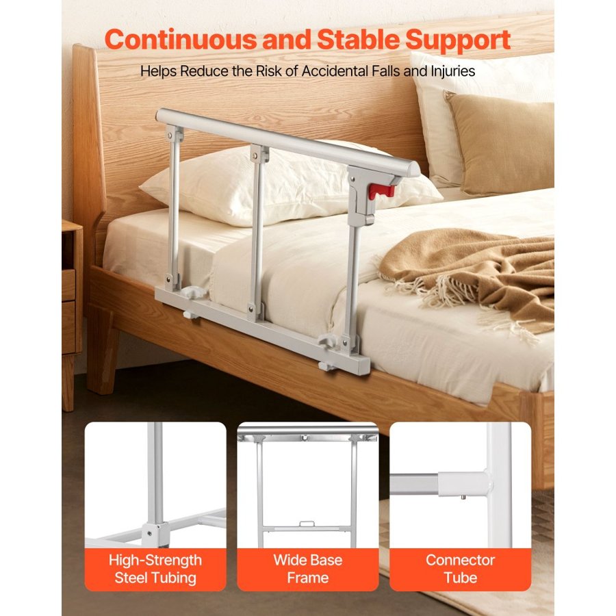 VEVOR Foldable Bed Rail for Elderly, 70 cm Bedside Assist Rail with Fixing Strap, Adjustable Height Pipe Bedside Cane, High-Strength Metal Senior Bed Bar, Hand Guard Grab Fits King, Queen, Full, Twin