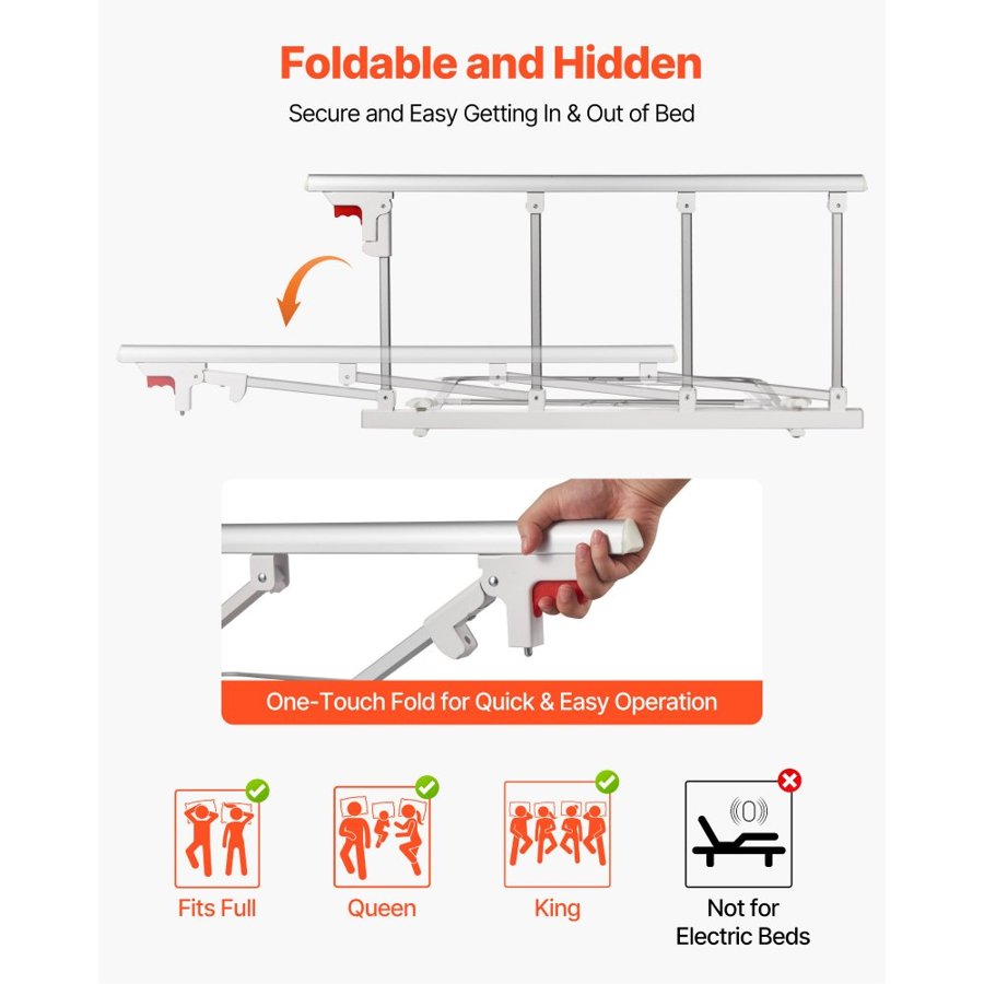 VEVOR Foldable Bed Rail for Elderly, 97 cm Bedside Assist Rail with Fixing Strap, Adjustable Height Pipe Bedside Cane, High-Strength Metal Senior Bed Bar, Hand Guard Grab Fits King, Queen, Full, Twin