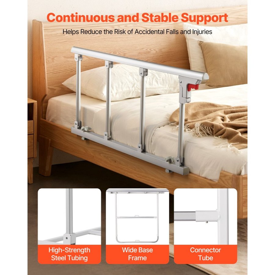 VEVOR Foldable Bed Rail for Elderly, 97 cm Bedside Assist Rail with Fixing Strap, Adjustable Height Pipe Bedside Cane, High-Strength Metal Senior Bed Bar, Hand Guard Grab Fits King, Queen, Full, Twin