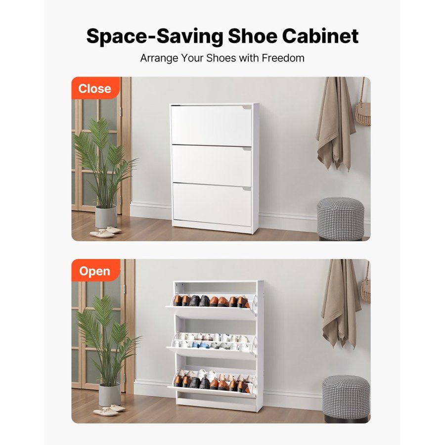 VEVOR Shoe Cabinet with 3 Flip Drawers – White, 31.5 in