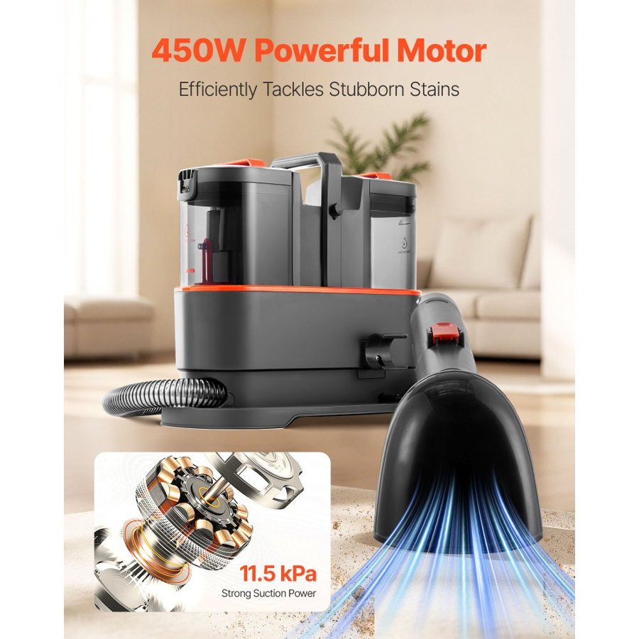 VEVOR Carpet Cleaner Machine, 1.5 L Clean Water Tank & 0.8 L Dirty Water Tank, Portable Upholstery Shampooer, 11.5Kpa Handheld Furniture Extractor, Spot and Stain Deep Cleaner for Rug, Couch, Car