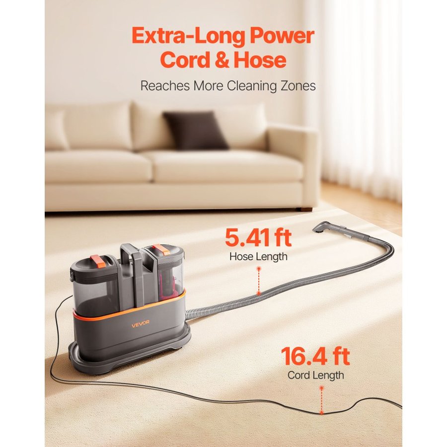 VEVOR Carpet Cleaner Machine, 1.5 L Clean Water Tank & 0.8 L Dirty Water Tank, Portable Upholstery Shampooer, 11.5Kpa Handheld Furniture Extractor, Spot and Stain Deep Cleaner for Rug, Couch, Car