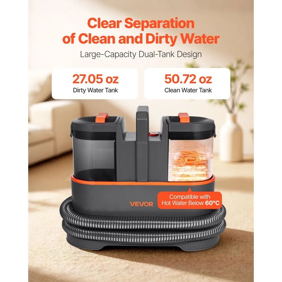 VEVOR Carpet Cleaner Machine, 1.5 L Clean Water Tank & 0.8 L Dirty Water Tank, Portable Upholstery Shampooer, 11.5Kpa Handheld Furniture Extractor, Spot and Stain Deep Cleaner for Rug, Couch, Car