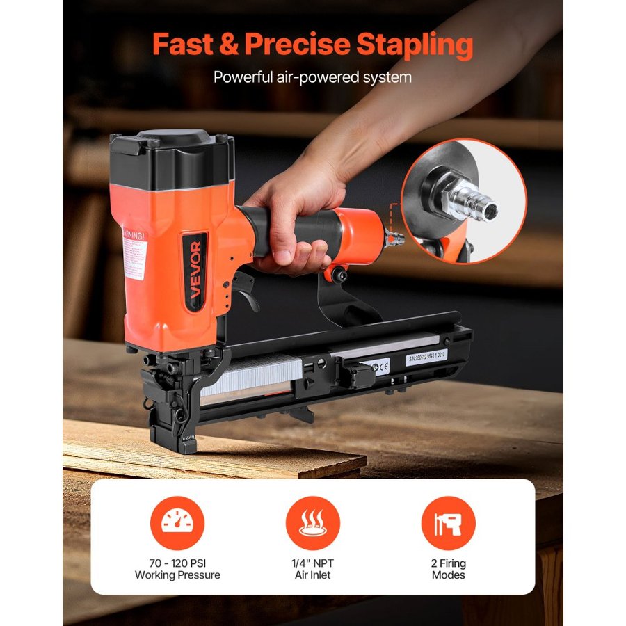 VEVOR Pneumatic Staple Gun, 16 Gauge 26.4mm Wide Crown Pneumatic Stapler 16mm to 38mm Length, 70-120PSI Air Staple Gun with Two Firing Modes for Roof Decking, Wall Sheathing, Fencing, Subflooring