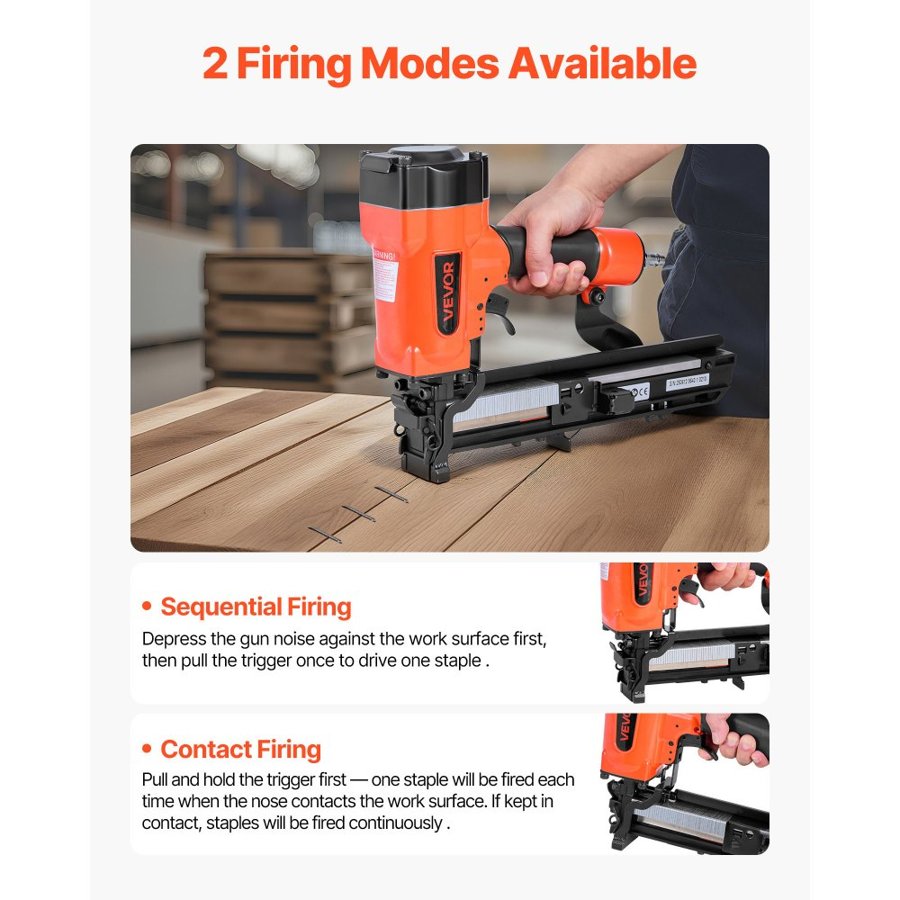 VEVOR Pneumatic Staple Gun, 16 Gauge 26.4mm Wide Crown Pneumatic Stapler 16mm to 38mm Length, 70-120PSI Air Staple Gun with Two Firing Modes for Roof Decking, Wall Sheathing, Fencing, Subflooring
