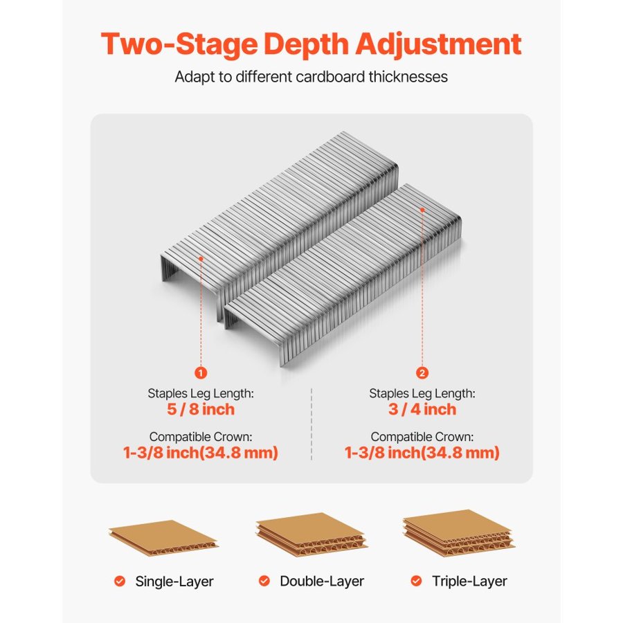 VEVOR Pneumatic Carton Closing Stapler, 13 Gauge Pneumatic Cardboard Staple Gun for 34.8mm Crown 16mm & 19mm Length, Depth-Adjustable 70-120 PSI Air Staple Gun for Boxes Carton Closing, Packaging