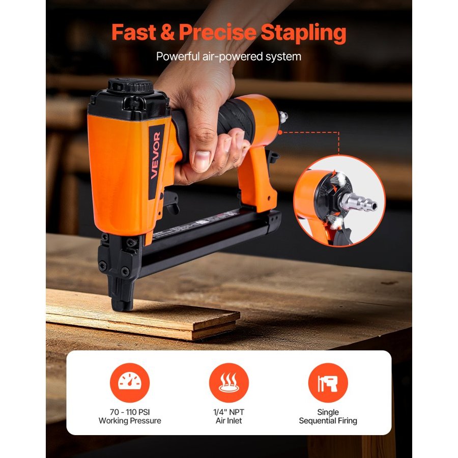 VEVOR Pneumatic Staple Gun, 20 Gauge T50 Pneumatic Upholstery Stapler for 10.8mm Crown 4mm-16mm Length Staples, 70-110 PSI Air Staple Gun for Woodworking, Upholstering, Fabric, Crafts, DIY Projects