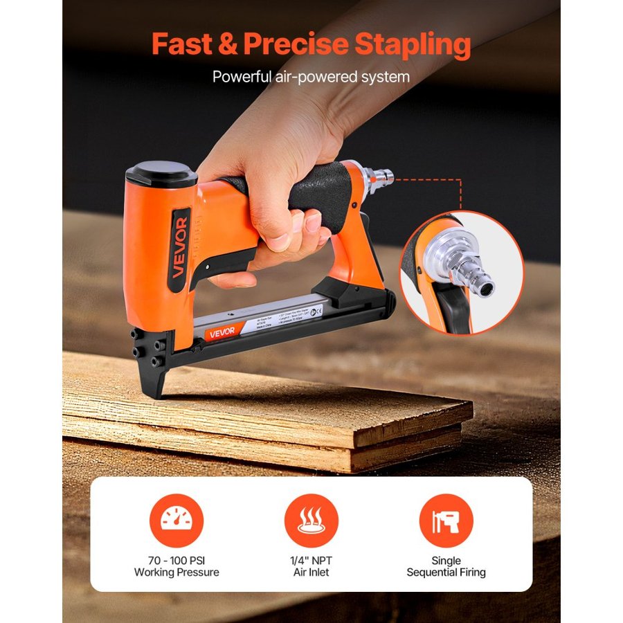 VEVOR Pneumatic Staple Gun, 21 Gauge Air Upholstery Stapler for 80 Series Fine Wire Staples 12.8mm Crown 6mm -16mm Length, Max 150PCS Loading Air Staple Gun for Upholstering, Woodworking, DIY Projects