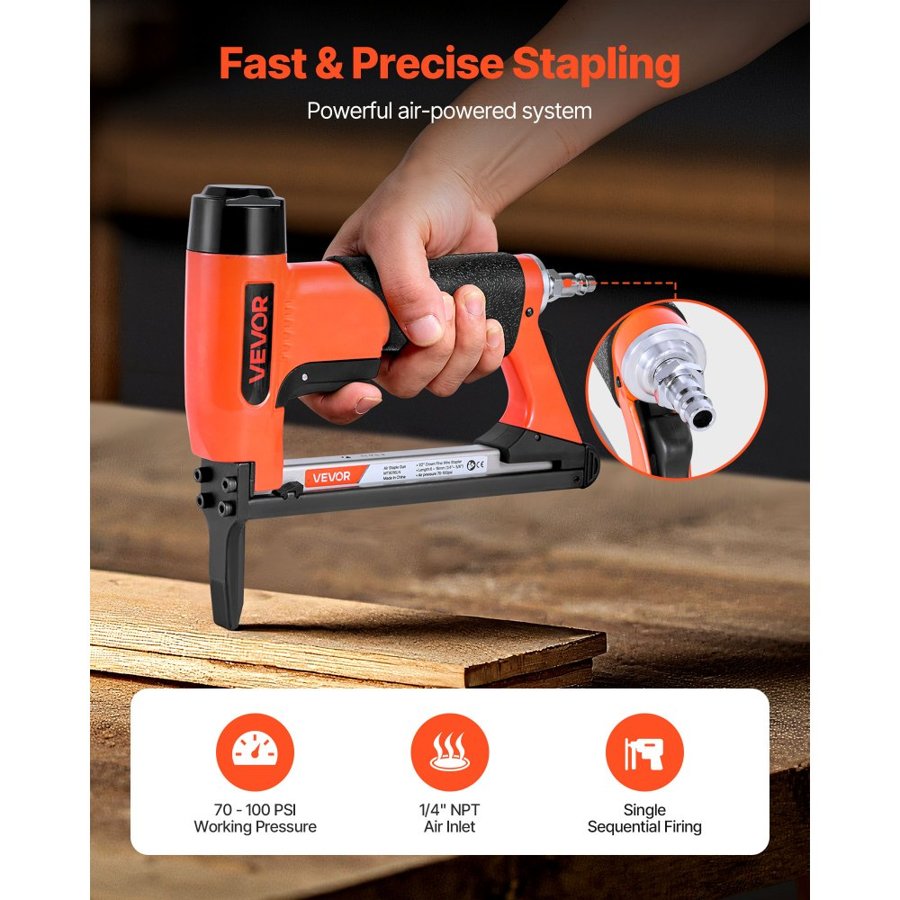 VEVOR Pneumatic Staple Gun, 21 Gauge Long-Nose Upholstery Stapler for 80 Series Fine Wire Staples 12.8mm Crown 6mm-16mm Length, Max 150PCS Loading Air Staple Gun for Upholstering, Woodworking, DIY