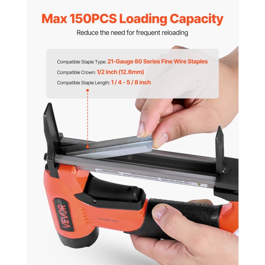 VEVOR Pneumatic Staple Gun, 21 Gauge Long-Nose Upholstery Stapler for 80 Series Fine Wire Staples 12.8mm Crown 6mm-16mm Length, Max 150PCS Loading Air Staple Gun for Upholstering, Woodworking, DIY