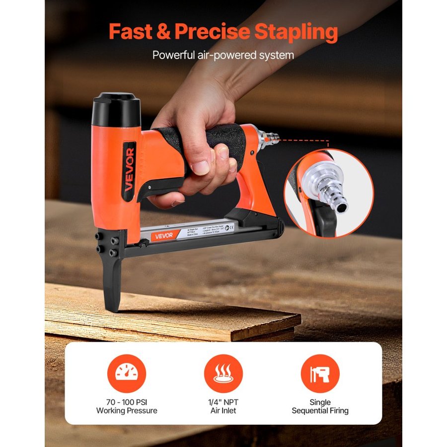VEVOR Pneumatic Staple Gun, 22 Gauge Long-Nose Upholstery Stapler for 71 Series Fine Wire Staples 9.5mm Crown 6mm-16mm Length, Max 180PCS Loading Air Staple Gun for Upholstering, Woodworking, DIY