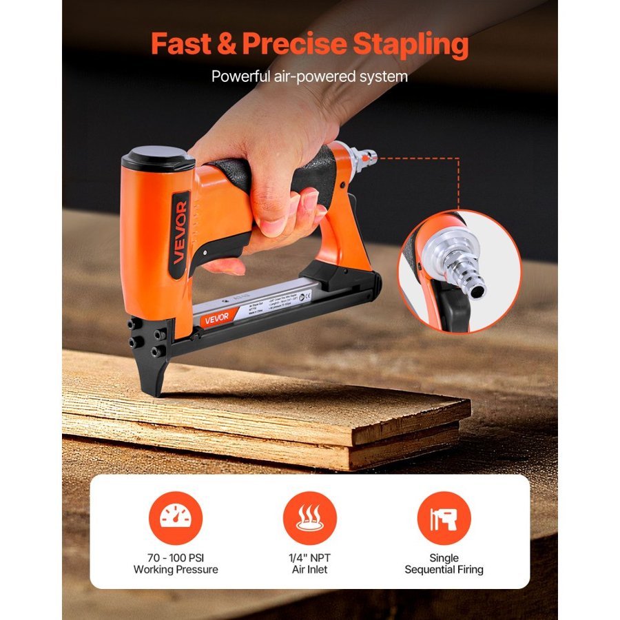 VEVOR Pneumatic Staple Gun, 22 Gauge Air Upholstery Stapler for 71 Series Fine Wire Staples 9.5mm Crown 6-16mm Length, Max 180PCS Loading Air Staple Gun for Upholstering, Woodworking, DIY Projects