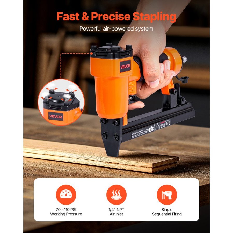 VEVOR Pneumatic Staple Gun, 22 Gauge Pneumatic Upholstery Stapler for 71 Series Fine Wire Staples 9.1mm Crown 4mm-16mm Length, 70-110 PSI Air Staple Gun for Woodworking, Upholstering, DIY Project