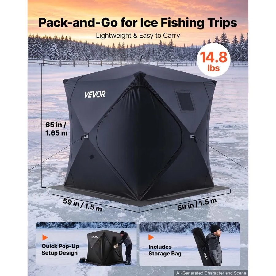 VEVOR Pop Up Ice Fishing Tent 1-2 Person 1.5x1.5x1.65 m Portable Shelter, for Winter Fishing, 2.25 m² Area, 300D Oxford Fabric Hub-Style Shanty, Ice Cube with Anchors, Ropes, Carrying Bag, Black