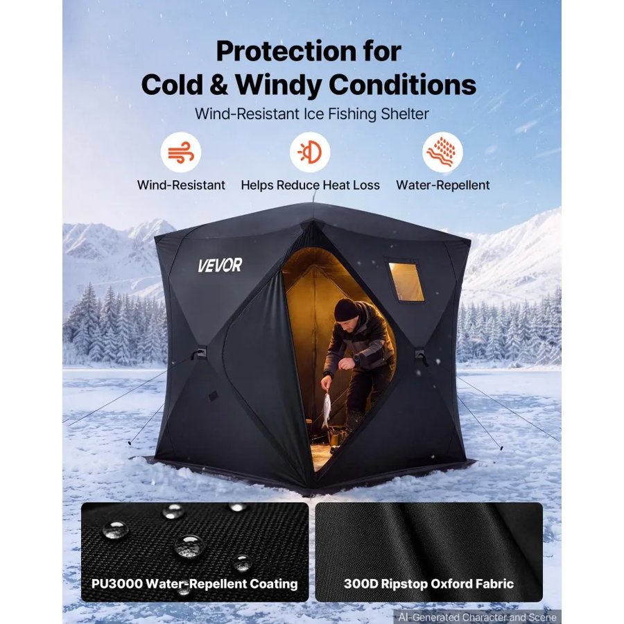 VEVOR Pop Up Ice Fishing Tent 1-2 Person 1.5x1.5x1.65 m Portable Shelter, for Winter Fishing, 2.25 m² Area, 300D Oxford Fabric Hub-Style Shanty, Ice Cube with Anchors, Ropes, Carrying Bag, Black