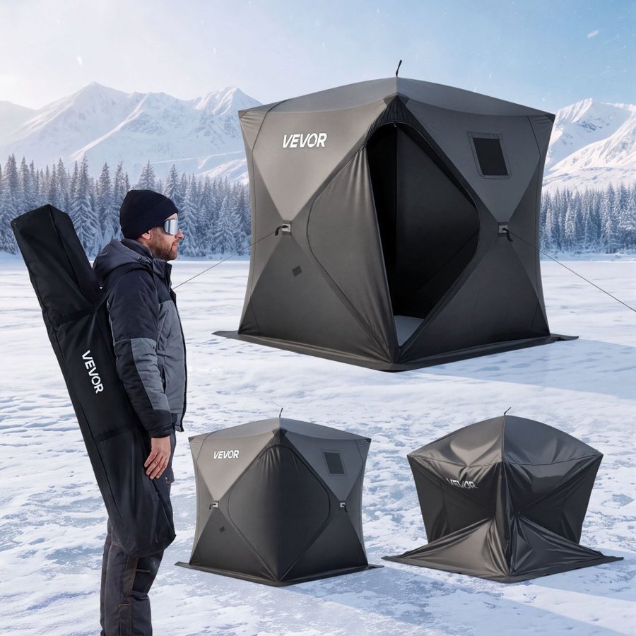 VEVOR Pop Up Ice Fishing Tent 3-4 Person 1.8 x 1.8 x 2 m Portable Shelter, for Winter Fishing, 3.13 m² Area, 300D Oxford Fabric Hub-Style Shanty, Ice Cube with Anchors, Ropes, Carrying Bag, Black