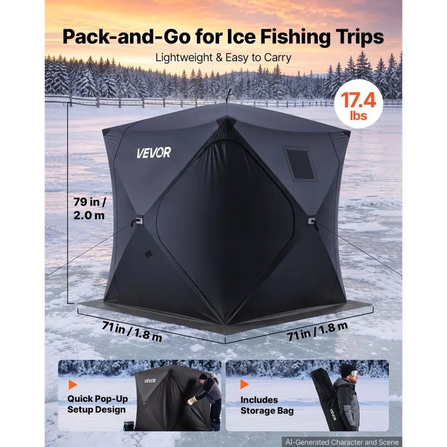 VEVOR Pop Up Ice Fishing Tent 3-4 Person 1.8 x 1.8 x 2 m Portable Shelter, for Winter Fishing, 3.13 m² Area, 300D Oxford Fabric Hub-Style Shanty, Ice Cube with Anchors, Ropes, Carrying Bag, Black