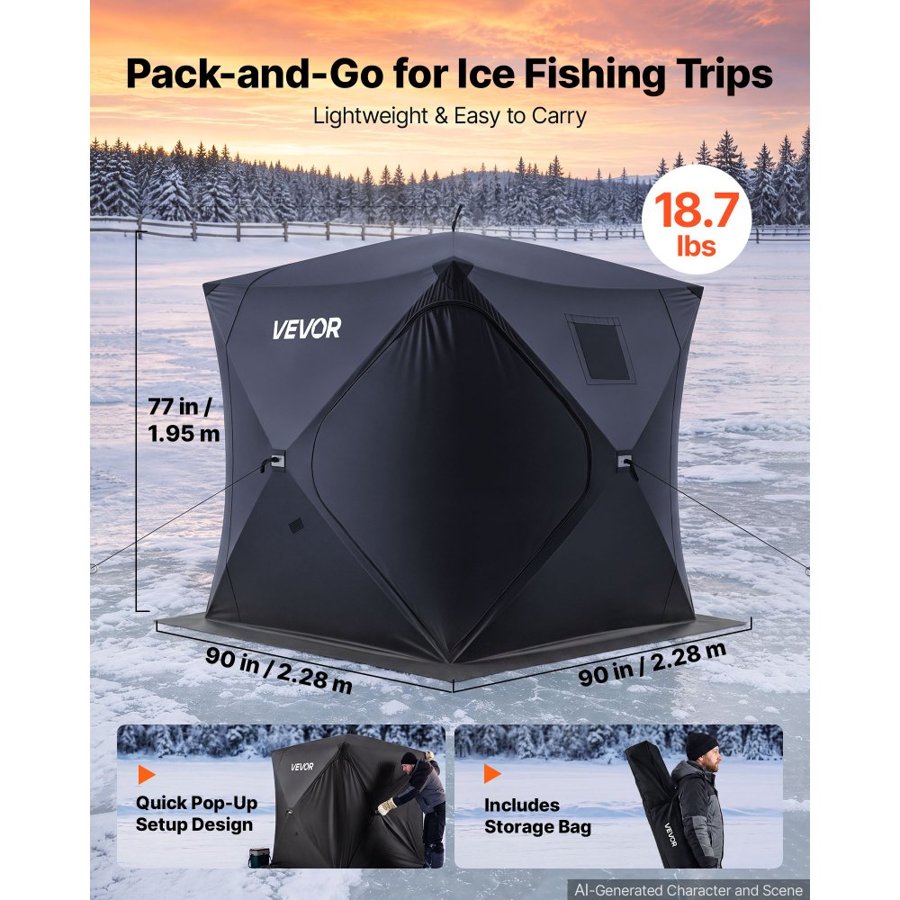 VEVOR Pop Up Ice Fishing Tent 3-4 Person 2.28x2.28x1.95 m Portable Shelter, for Winter Fishing, 5.39 m² Area, 300D Oxford Fabric Hub-Style Shanty, Ice Cube with Anchors, Ropes, Carrying Bag, Black