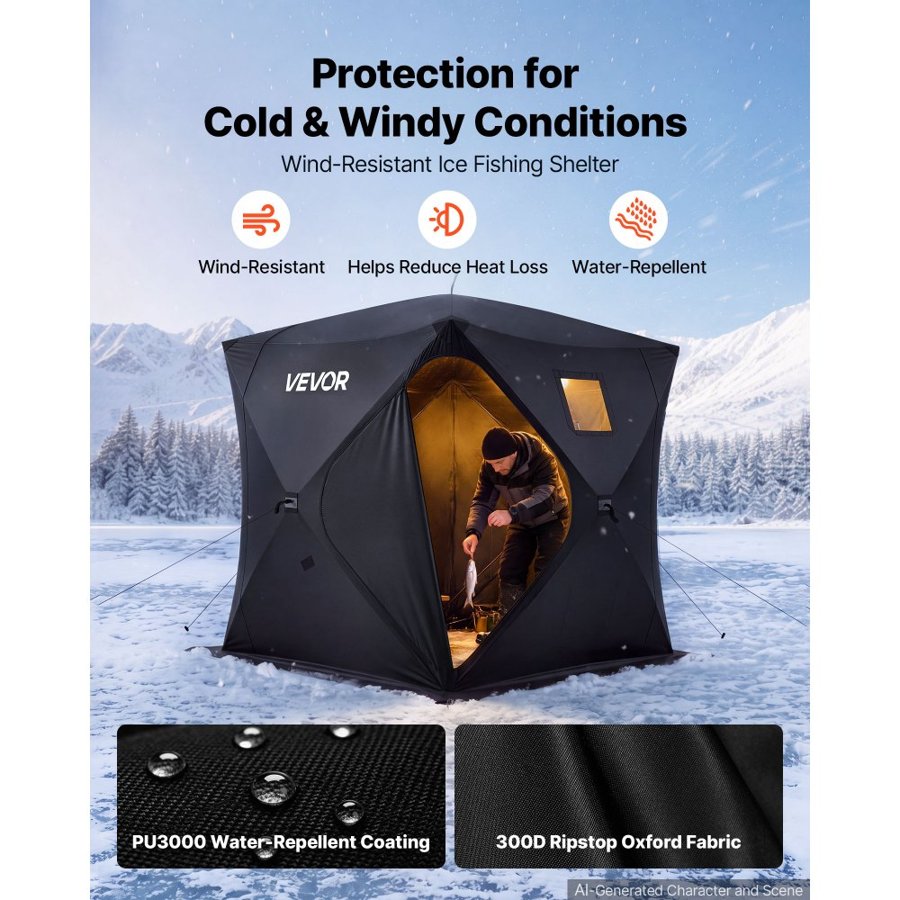VEVOR Pop Up Ice Fishing Tent 3-4 Person 2.28x2.28x1.95 m Portable Shelter, for Winter Fishing, 5.39 m² Area, 300D Oxford Fabric Hub-Style Shanty, Ice Cube with Anchors, Ropes, Carrying Bag, Black