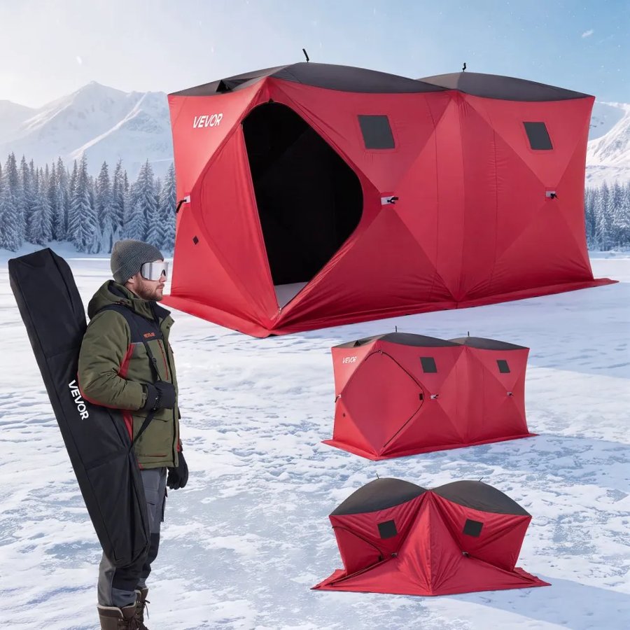 VEVOR Pop Up Ice Fishing Tent 6-8 Person 3.6 x 1.8 x 2 m Portable Shelter, for Winter Fishing, 6.27 m² Area, 300D Oxford Fabric Hub-Style Shanty, Ice Cube with Anchors, Ropes, Carry Bag, Red/Black
