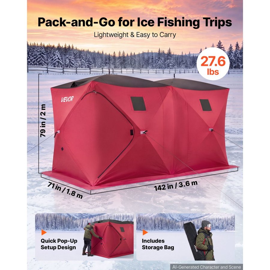VEVOR Pop Up Ice Fishing Tent 6-8 Person 3.6 x 1.8 x 2 m Portable Shelter, for Winter Fishing, 6.27 m² Area, 300D Oxford Fabric Hub-Style Shanty, Ice Cube with Anchors, Ropes, Carry Bag, Red/Black