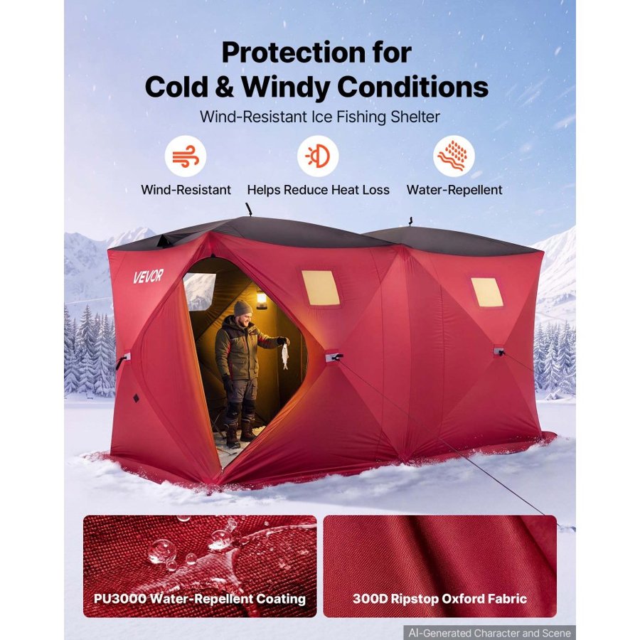 VEVOR Pop Up Ice Fishing Tent 6-8 Person 3.6 x 1.8 x 2 m Portable Shelter, for Winter Fishing, 6.27 m² Area, 300D Oxford Fabric Hub-Style Shanty, Ice Cube with Anchors, Ropes, Carry Bag, Red/Black