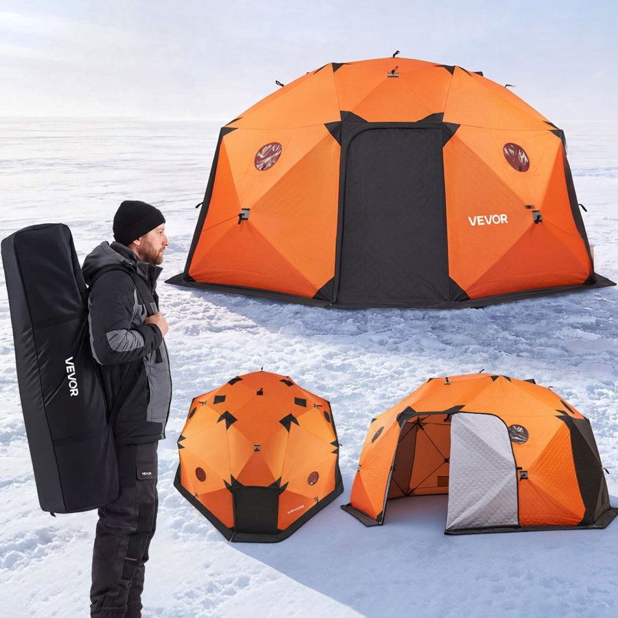 VEVOR Pop Up Ice Fishing Tent 8-10 Person 4x4.3x2.33 m Insulated Shelter, for Winter Fishing, 14.2 m² Area, 600D 4-Layer Fabric, Portable Hub-Style Shanty Cube with Anchors, Ropes & Carrying Bag