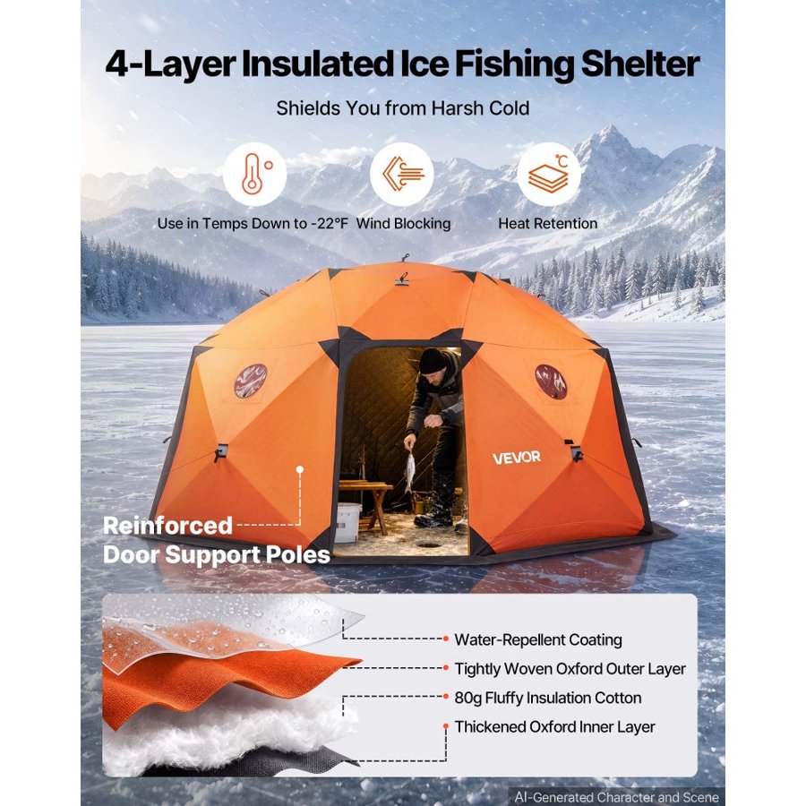 VEVOR Pop Up Ice Fishing Tent 8-10 Person 4x4.3x2.33 m Insulated Shelter, for Winter Fishing, 14.2 m² Area, 600D 4-Layer Fabric, Portable Hub-Style Shanty Cube with Anchors, Ropes & Carrying Bag