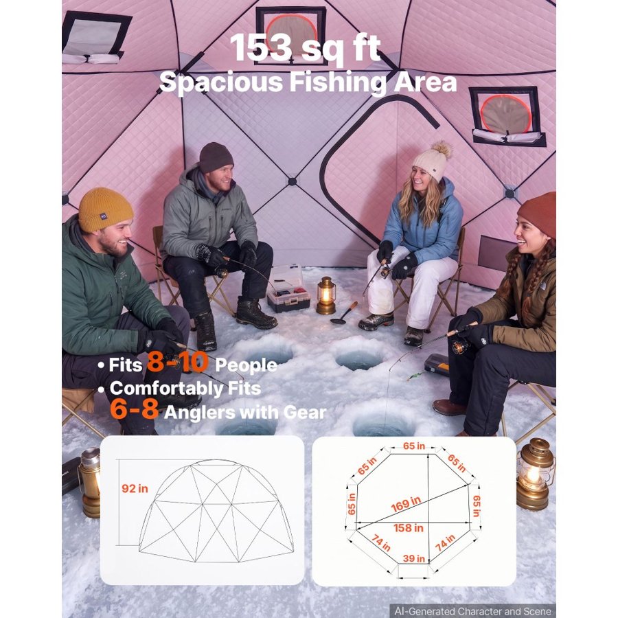 VEVOR Pop Up Ice Fishing Tent 8-10 Person 4x4.3x2.33 m Insulated Shelter, for Winter Fishing, 14.2 m² Area, 600D 4-Layer Fabric, Portable Hub-Style Shanty Cube with Anchors, Ropes & Carrying Bag