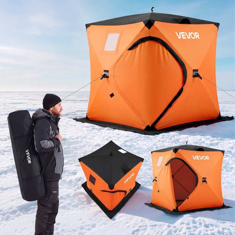 VEVOR Pop Up Ice Fishing Tent 1-2 Person 1.52x1.52x1.75 m Insulated Shelter, for Winter Fishing, 2.31 m² Area, 600D 4-Layer Fabric, Portable Hub-Style Shanty Cube with Anchors, Ropes & Carrying Bag