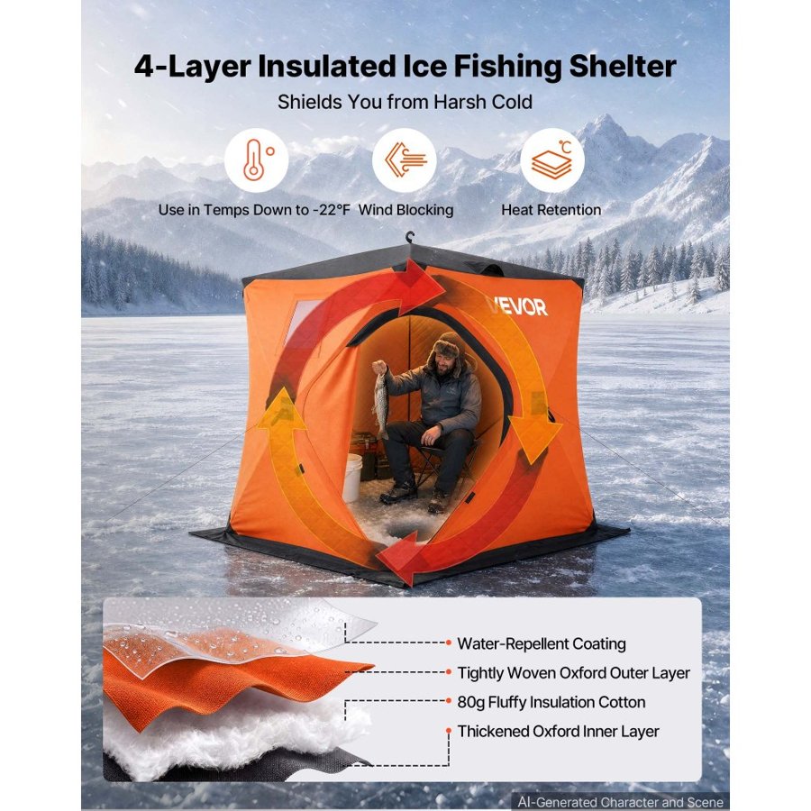 VEVOR Pop Up Ice Fishing Tent 1-2 Person 1.52x1.52x1.75 m Insulated Shelter, for Winter Fishing, 2.31 m² Area, 600D 4-Layer Fabric, Portable Hub-Style Shanty Cube with Anchors, Ropes & Carrying Bag
