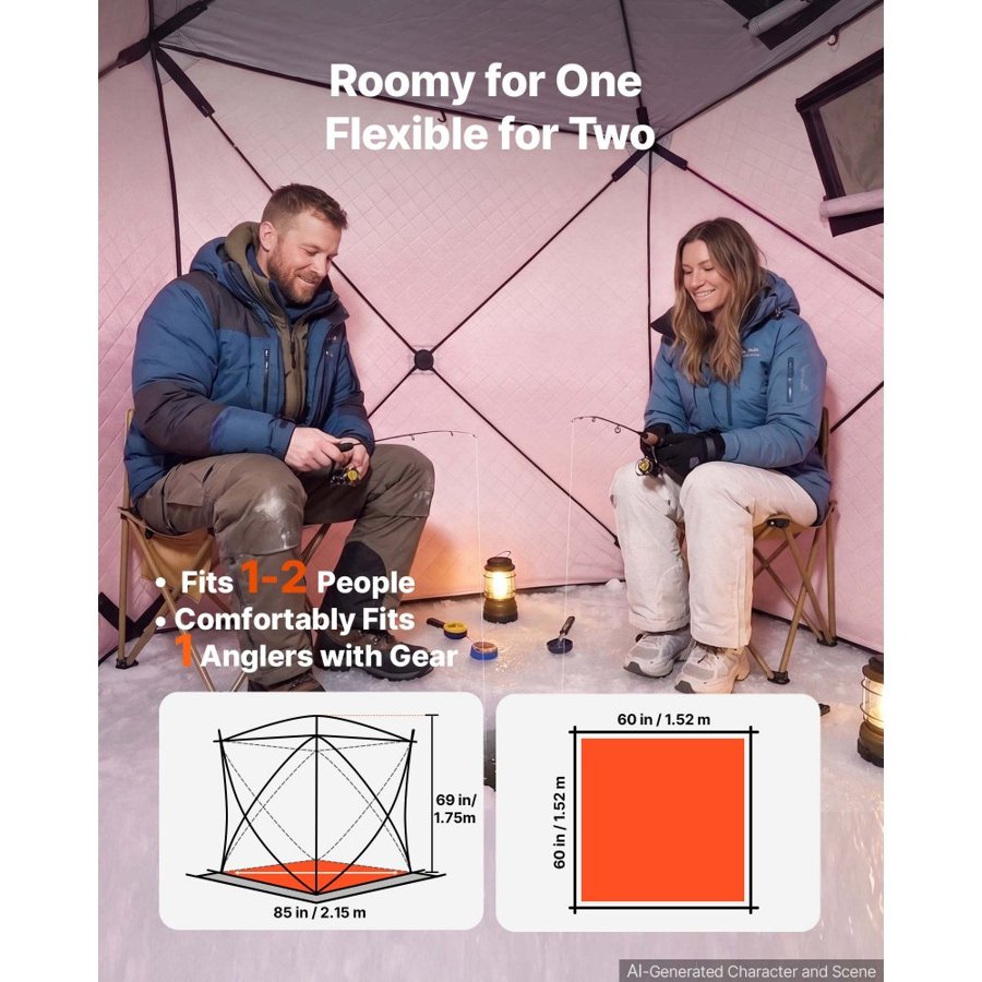 VEVOR Pop Up Ice Fishing Tent 1-2 Person 1.52x1.52x1.75 m Insulated Shelter, for Winter Fishing, 2.31 m² Area, 600D 4-Layer Fabric, Portable Hub-Style Shanty Cube with Anchors, Ropes & Carrying Bag