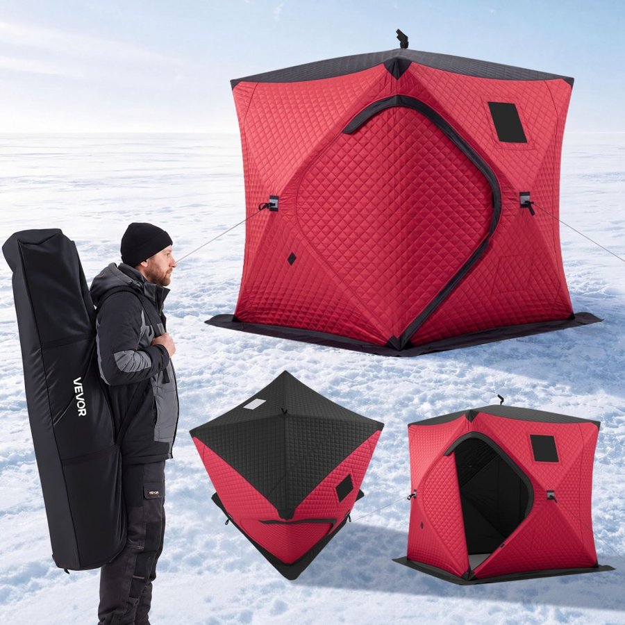 VEVOR Pop Up Ice Fishing Tent 3-4 Person 1.8 x 1.8 x 2 m Insulated Shelter, for Winter Fishing, 3.13 m² Area, 600D 4-Layer Fabric, Portable Hub-Style Shanty Cube with Anchors, Ropes, Carry Bag, Red