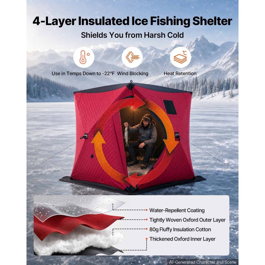 VEVOR Pop Up Ice Fishing Tent 3-4 Person 1.8 x 1.8 x 2 m Insulated Shelter, for Winter Fishing, 3.13 m² Area, 600D 4-Layer Fabric, Portable Hub-Style Shanty Cube with Anchors, Ropes, Carry Bag, Red