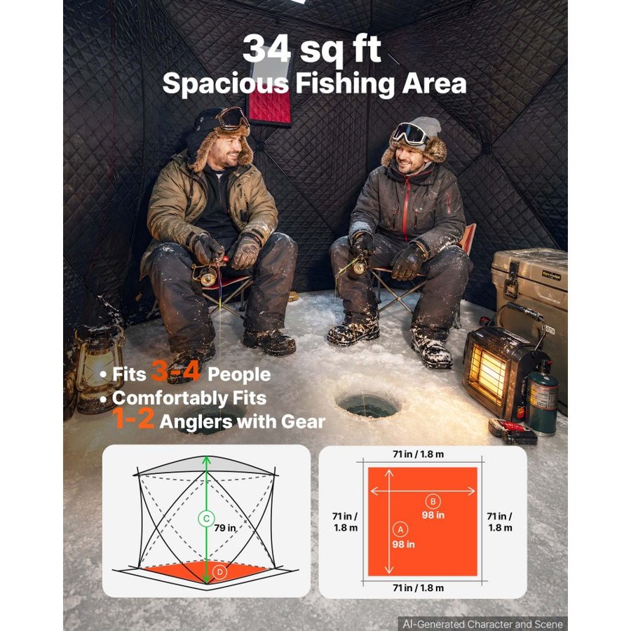VEVOR Pop Up Ice Fishing Tent 3-4 Person 1.8 x 1.8 x 2 m Insulated Shelter, for Winter Fishing, 3.13 m² Area, 600D 4-Layer Fabric, Portable Hub-Style Shanty Cube with Anchors, Ropes, Carry Bag, Red